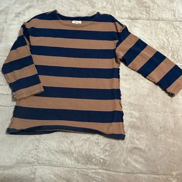 Madewell Shirt Women’s Size Small Striped Blue Brown Frayed Sweater - Picture 1 of 7